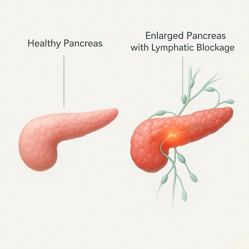 Comparación: páncreas normal vs. inflamado y bloqueado por linfa